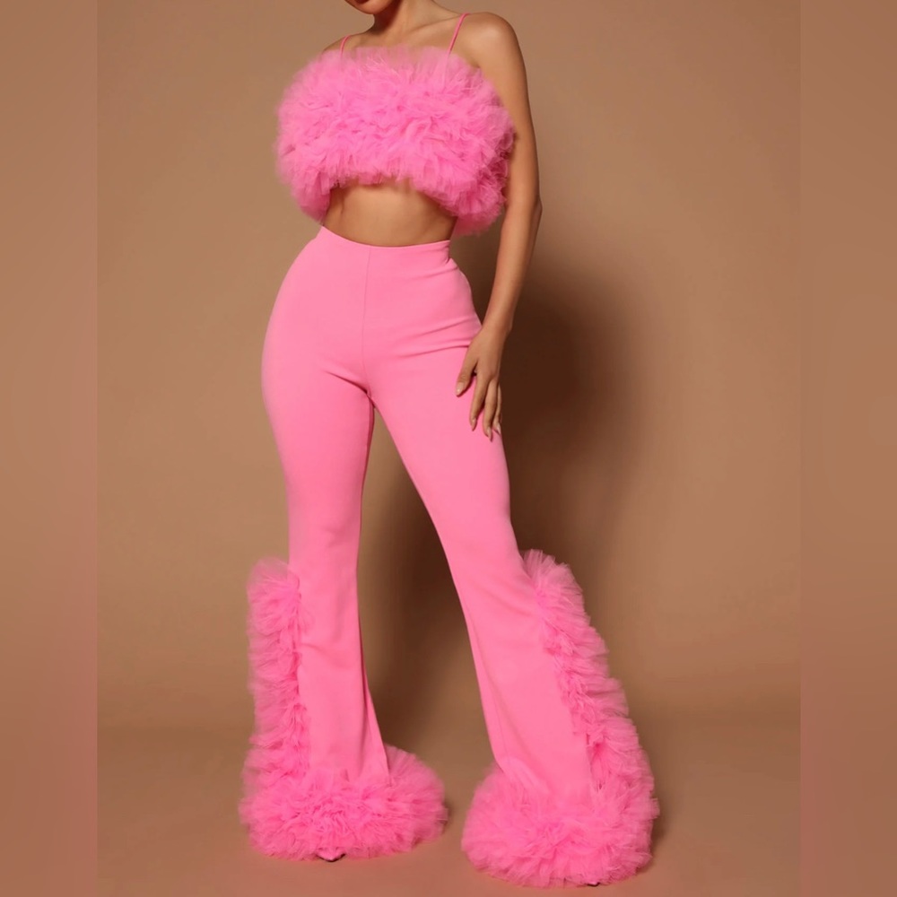 FashionNova Fashion Nova Josie Ruffle Pant Suit - Pink
